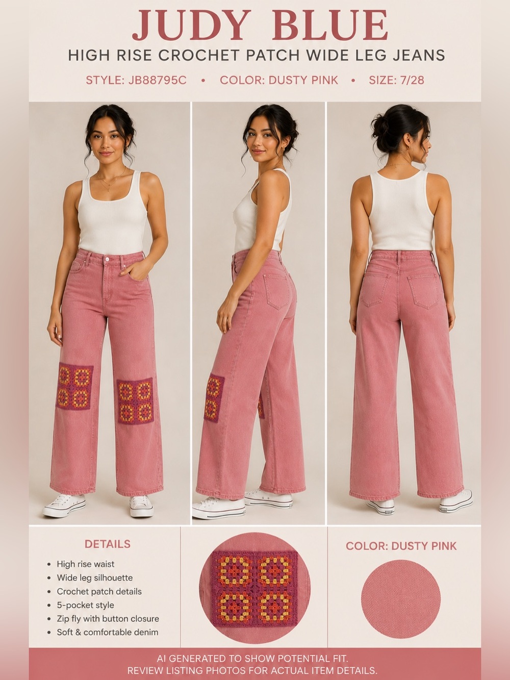 Judy Blue Dusty Pink High-Rise Crochet Patch Wide Leg Jeans